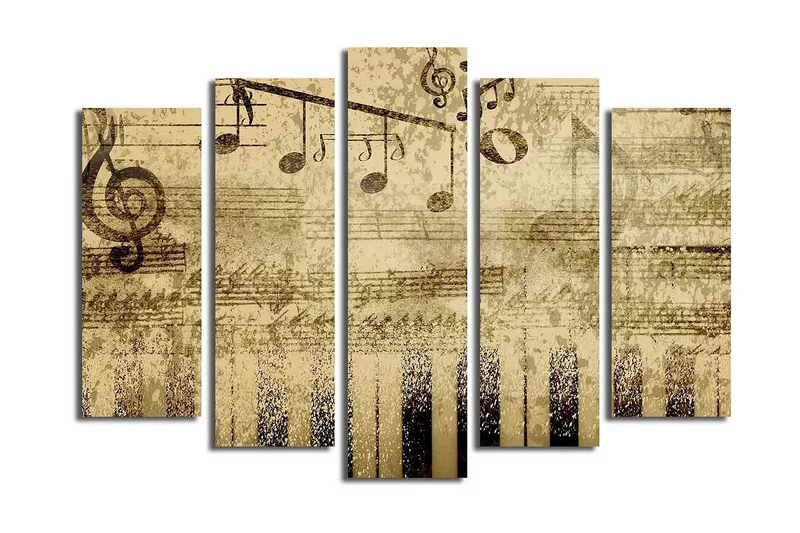 Suuri 5-osainen canvas-taulu, 105x70 cm - Musiikkiaihe nuoteilla ja koskettimilla, Beige / Musta / Ruskea