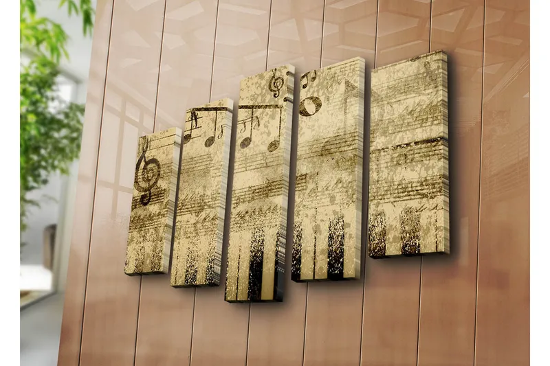 Suuri 5-osainen canvas-taulu, 105x70 cm - Musiikkiaihe nuoteilla ja koskettimilla - Beige / Musta / Ruskea - Sisustustuotteet - Taulu & taide - Canvas-taulu