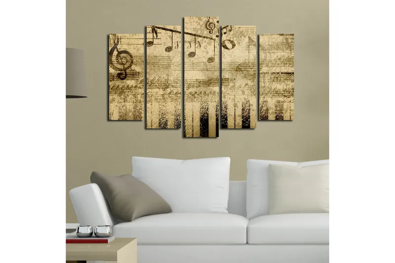 Suuri 5-osainen canvas-taulu, 105x70 cm - Musiikkiaihe nuoteilla ja koskettimilla - Beige / Musta / Ruskea - Sisustustuotteet - Taulu & taide - Canvas-taulu