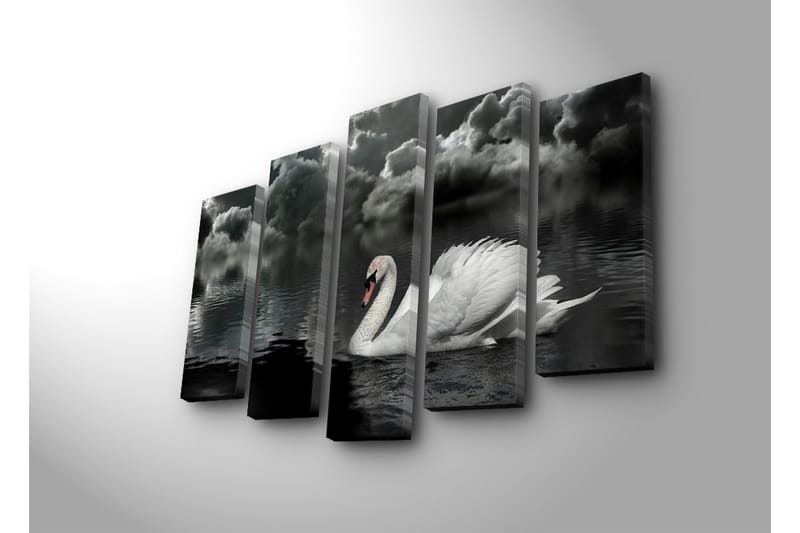 Suuri 5-osainen canvas-taulu, 105x70 cm - mustavalkoinen joutsen ui peilimäisessä järvessä dramaattisten pilvien alla - Valkoinen / Musta / Harmaa - Sisustustuotteet - Taulu & taide - Canvas-taulu