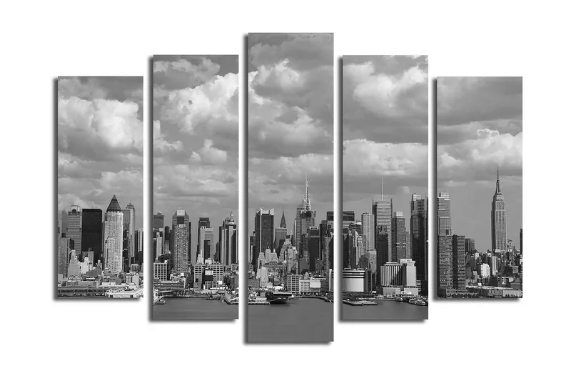 Suuri 5-osainen canvas-taulu, 105x70 cm - mustavalkoinen kaupunkikuva korkeine rakennuksineen, Musta / Valkoinen / Harmaa