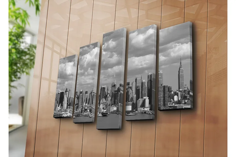 Suuri 5-osainen canvas-taulu, 105x70 cm - mustavalkoinen kaupunkikuva korkeine rakennuksineen - Musta / Valkoinen / Harmaa - Sisustustuotteet - Taulu & taide - Canvas-taulu