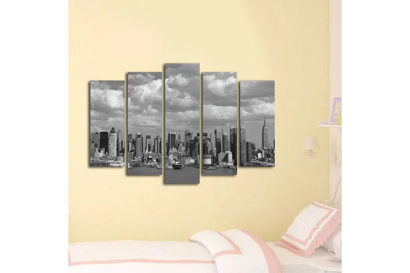 Suuri 5-osainen canvas-taulu, 105x70 cm - mustavalkoinen kaupunkikuva korkeine rakennuksineen - Musta / Valkoinen / Harmaa - Sisustustuotteet - Taulu & taide - Canvas-taulu