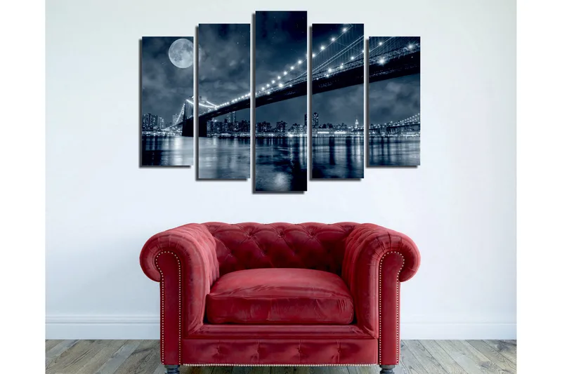 Suuri 5-osainen canvas-taulu, 105x70 cm - mustavalkoinen kaupunkikuva sillalla ja kuulla yöllä - Musta / Harmaa / Valkoinen - Sisustustuotteet - Taulu & taide - Canvas-taulu