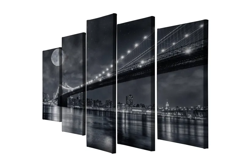 Suuri 5-osainen canvas-taulu, 105x70 cm - mustavalkoinen kaupunkikuva sillalla ja kuulla yöllä - Musta / Harmaa / Valkoinen - Sisustustuotteet - Taulu & taide - Canvas-taulu