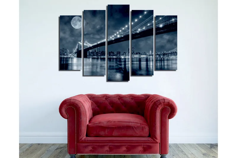Suuri 5-osainen canvas-taulu, 105x70 cm - mustavalkoinen kaupunkikuva sillalla ja kuulla yöllä - Musta / Harmaa / Valkoinen - Sisustustuotteet - Taulu & taide - Canvas-taulu