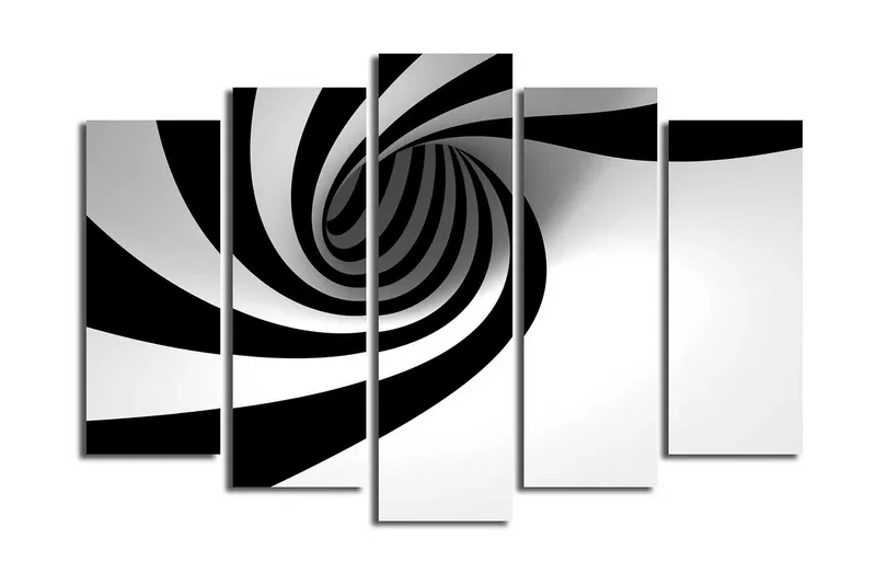 Suuri 5-osainen canvas-taulu, 105x70 cm - mustavalkoinen spiraali dynaamisella liikkeellä, Musta / Valkoinen
