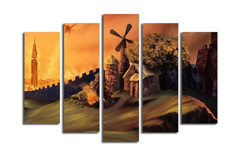 Suuri 5-osainen canvas-taulu, 105x70 cm - Mystinen maisema tornirakennuksella ja taustalla tulisienellä, Oranssi / Vihreä / Ruskea