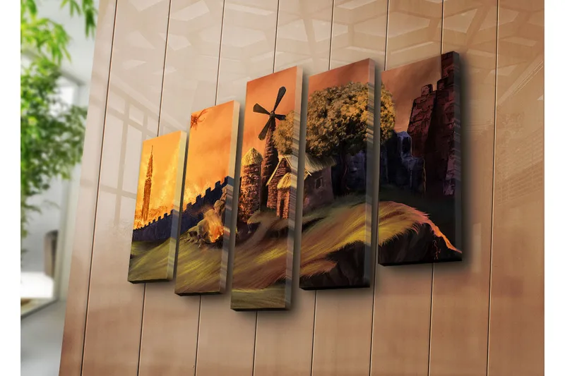 Suuri 5-osainen canvas-taulu, 105x70 cm - Mystinen maisema tornirakennuksella ja taustalla tulisienellä - Oranssi / Vihreä / Ruskea - Sisustustuotteet - Taulu & taide - Canvas-taulu