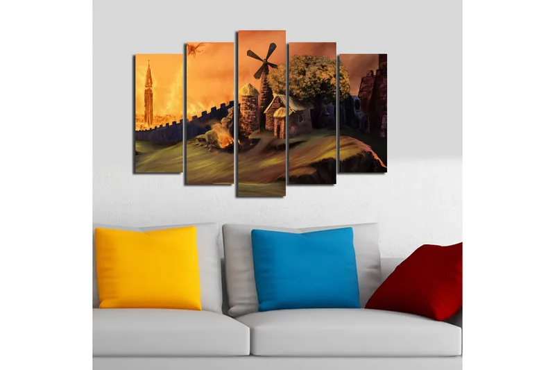 Suuri 5-osainen canvas-taulu, 105x70 cm - Mystinen maisema tornirakennuksella ja taustalla tulisienellä - Oranssi / Vihreä / Ruskea - Sisustustuotteet - Taulu & taide - Canvas-taulu