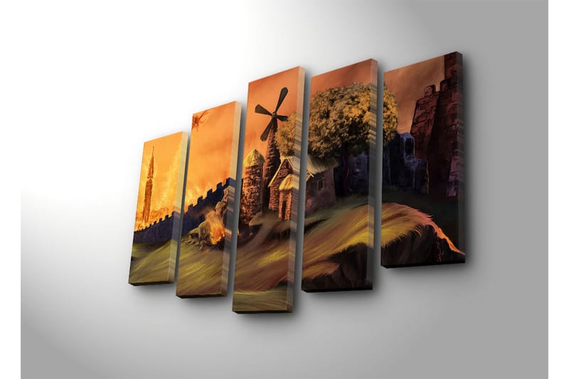 Suuri 5-osainen canvas-taulu, 105x70 cm - Mystinen maisema tornirakennuksella ja taustalla tulisienellä - Oranssi / Vihreä / Ruskea - Sisustustuotteet - Taulu & taide - Canvas-taulu