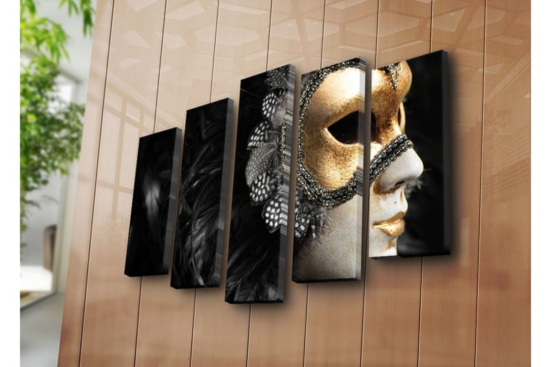 Suuri 5-osainen canvas-taulu, 105x70 cm - Naamio kultaisilla yksityiskohdilla ja mustalla höyhenpeitteellä - Kulta / Musta - Sisustustuotteet - Taulu & taide - Canvas-taulu