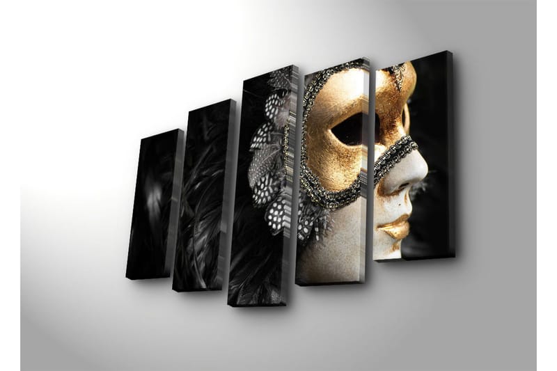 Suuri 5-osainen canvas-taulu, 105x70 cm - Naamio kultaisilla yksityiskohdilla ja mustalla höyhenpeitteellä - Kulta / Musta - Sisustustuotteet - Taulu & taide - Canvas-taulu