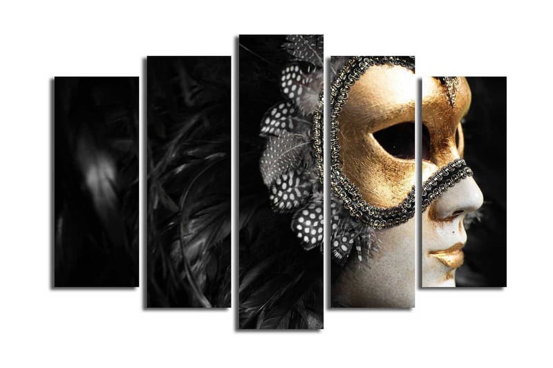 Suuri 5-osainen canvas-taulu, 105x70 cm - Naamio kultaisilla yksityiskohdilla ja mustalla höyhenpeitteellä - Kulta / Musta - Sisustustuotteet - Taulu & taide - Canvas-taulu