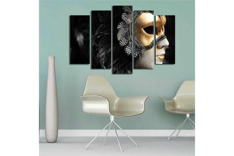 Suuri 5-osainen canvas-taulu, 105x70 cm - Naamio kultaisilla yksityiskohdilla ja mustalla höyhenpeitteellä - Kulta / Musta - Sisustustuotteet - Taulu & taide - Canvas-taulu
