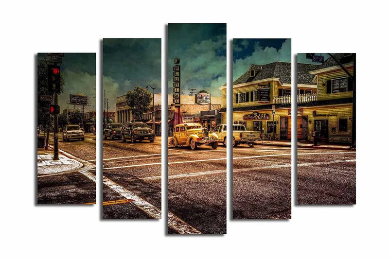 Suuri 5-osainen canvas-taulu, 105x70 cm - Nostalginen kaupunkikuva klassikkoautoilla ja vilkkailla katumaisemilla, Keltainen / Ruskea / Harmaa