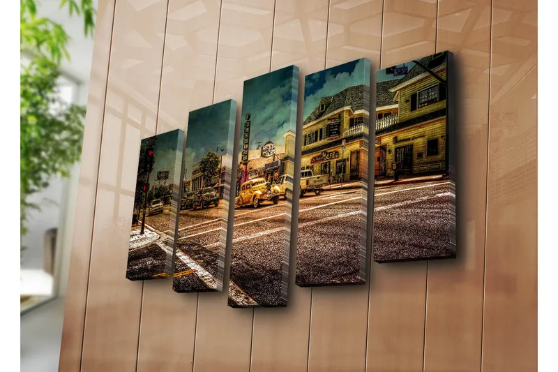Suuri 5-osainen canvas-taulu, 105x70 cm - Nostalginen kaupunkikuva klassikkoautoilla ja vilkkailla katumaisemilla - Keltainen / Ruskea / Harmaa - Sisustustuotteet - Taulu & taide - Canvas-taulu