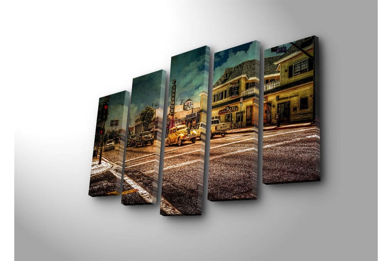 Suuri 5-osainen canvas-taulu, 105x70 cm - Nostalginen kaupunkikuva klassikkoautoilla ja vilkkailla katumaisemilla - Keltainen / Ruskea / Harmaa - Sisustustuotteet - Taulu & taide - Canvas-taulu