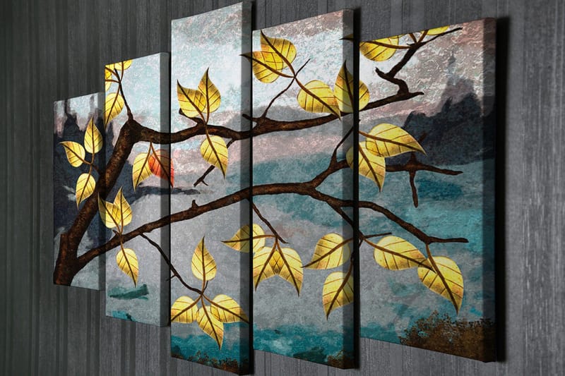 Suuri 5-osainen canvas-taulu, 105x70 cm - Oksa keltaisilla lehdillä sumuista taustaa vasten - Keltainen / Ruskea / Sininen - Sisustustuotteet - Taulu & taide - Canvas-taulu