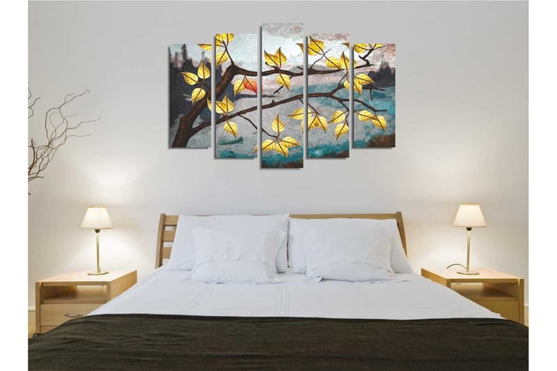 Suuri 5-osainen canvas-taulu, 105x70 cm - Oksa keltaisilla lehdillä sumuista taustaa vasten - Keltainen / Ruskea / Sininen - Sisustustuotteet - Taulu & taide - Canvas-taulu