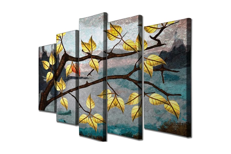 Suuri 5-osainen canvas-taulu, 105x70 cm - Oksa keltaisilla lehdillä sumuista taustaa vasten - Keltainen / Ruskea / Sininen - Sisustustuotteet - Taulu & taide - Canvas-taulu