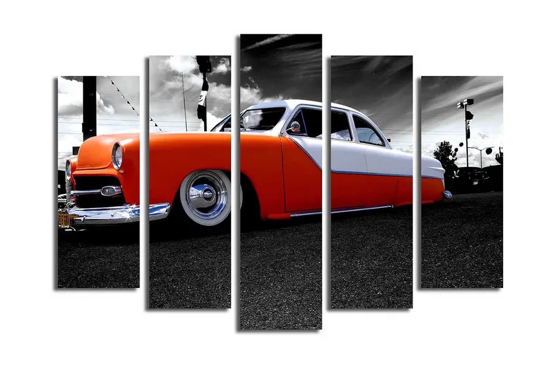 Suuri 5-osainen canvas-taulu, 105x70 cm - Retroauto oranssilla ja valkoisella maalipinnalla, Oranssi / Valkoinen / Harmaa