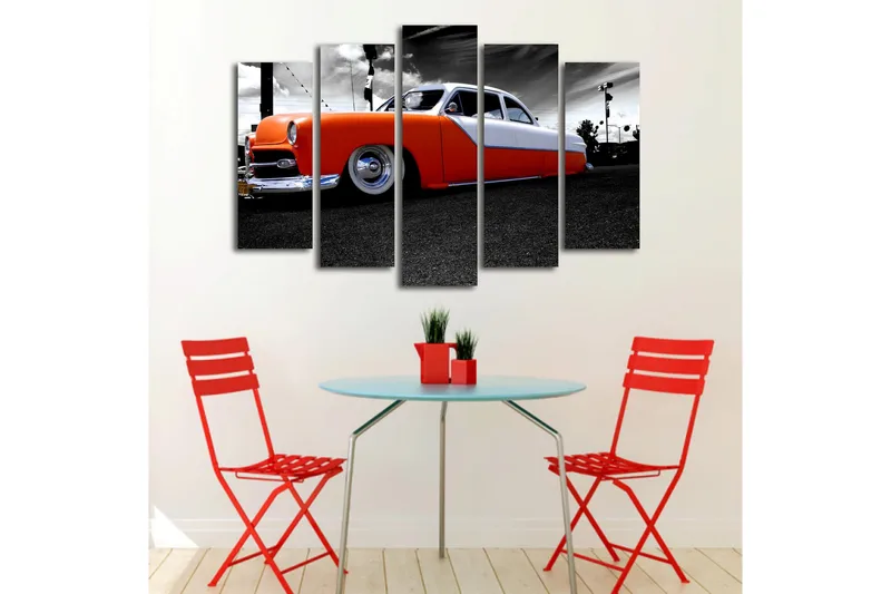 Suuri 5-osainen canvas-taulu, 105x70 cm - Retroauto oranssilla ja valkoisella maalipinnalla - Oranssi / Valkoinen / Harmaa - Sisustustuotteet - Taulu & taide - Canvas-taulu