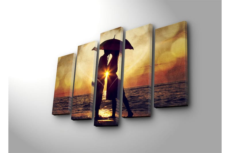 Suuri 5-osainen canvas-taulu, 105x70 cm - Romanttinen siluetti pariskunnasta auringonlaskun aikaan sateenvarjon kanssa - Kulta / Oranssi / Musta - Sisustustuotteet - Taulu & taide - Canvas-taulu