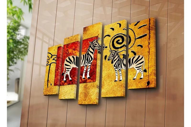 Suuri 5-osainen canvas-taulu, 105x70 cm - Seeprat värikkäässä ja abstraktissa sommitelmassa - Kulta / Punainen / Musta - Sisustustuotteet - Taulu & taide - Canvas-taulu