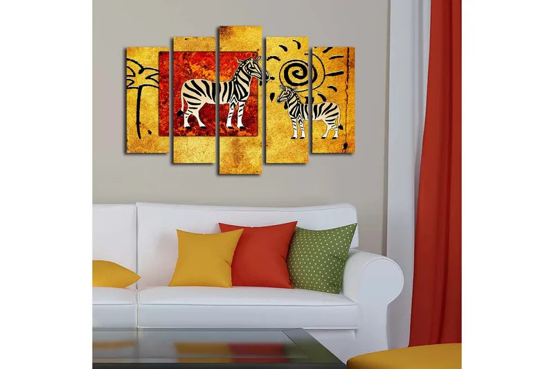 Suuri 5-osainen canvas-taulu, 105x70 cm - Seeprat värikkäässä ja abstraktissa sommitelmassa - Kulta / Punainen / Musta - Sisustustuotteet - Taulu & taide - Canvas-taulu