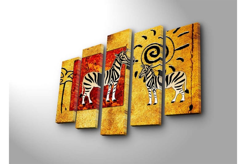 Suuri 5-osainen canvas-taulu, 105x70 cm - Seeprat värikkäässä ja abstraktissa sommitelmassa - Kulta / Punainen / Musta - Sisustustuotteet - Taulu & taide - Canvas-taulu