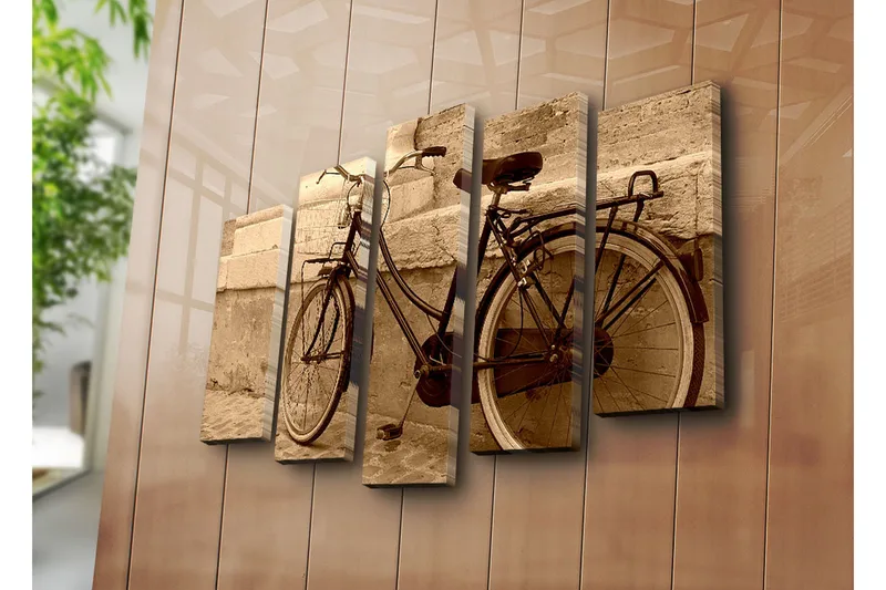 Suuri 5-osainen canvas-taulu, 105x70 cm - Seinää vasten nojaava vintage-polkupyörä - Musta / Beige / Ruskea - Sisustustuotteet - Taulu & taide - Canvas-taulu