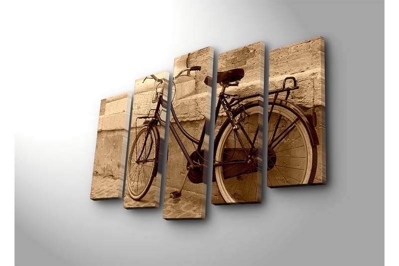 Suuri 5-osainen canvas-taulu, 105x70 cm - Seinää vasten nojaava vintage-polkupyörä - Musta / Beige / Ruskea - Sisustustuotteet - Taulu & taide - Canvas-taulu