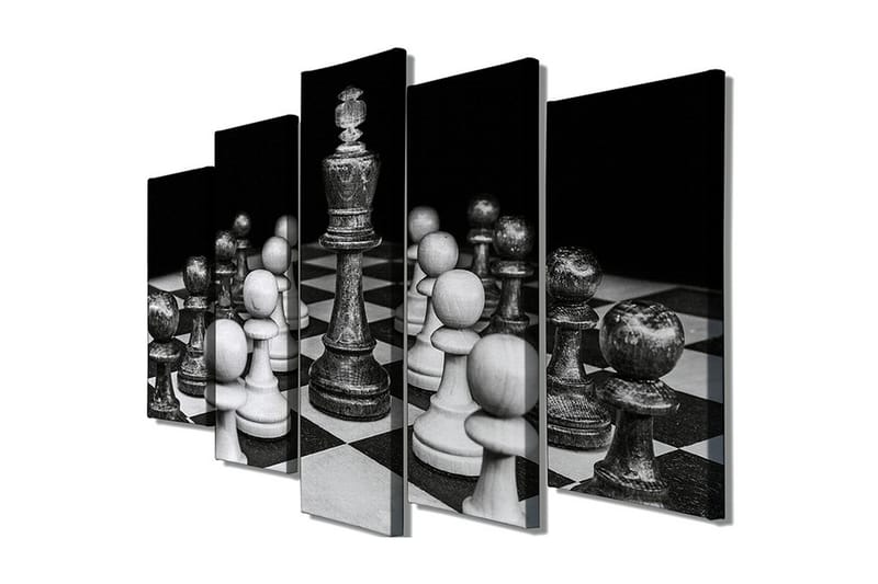 Suuri 5-osainen canvas-taulu, 105x70 cm - Shakkilauta, jossa valkoiset ja mustat nappulat keskitettyinä, Musta / Valkoinen / Harmaa