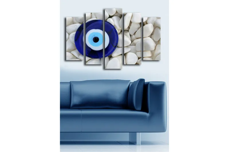 Suuri 5-osainen canvas-taulu, 105x70 cm - Sininen lasisilmä, jota ympäröivät valkoiset kivet - Sininen / Valkoinen / Musta - Sisustustuotteet - Taulu & taide - Canvas-taulu