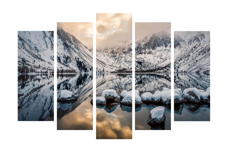 Suuri 5-osainen canvas-taulu, 105x70 cm - Talvimaisema lumipeitteisillä vuorilla ja peilimäisillä järvillä - Valkoinen / Sininen / Harmaa - Sisustustuotteet - Taulu & taide - Canvas-taulu
