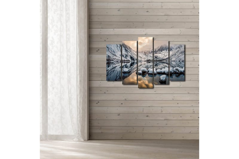 Suuri 5-osainen canvas-taulu, 105x70 cm - Talvimaisema lumipeitteisillä vuorilla ja peilimäisillä järvillä - Valkoinen / Sininen / Harmaa - Sisustustuotteet - Taulu & taide - Canvas-taulu