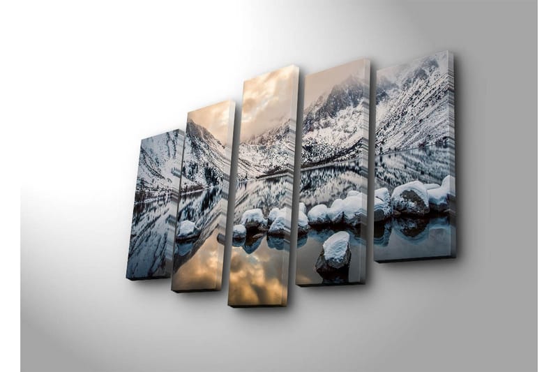 Suuri 5-osainen canvas-taulu, 105x70 cm - Talvimaisema lumipeitteisillä vuorilla ja peilimäisillä järvillä - Valkoinen / Sininen / Harmaa - Sisustustuotteet - Taulu & taide - Canvas-taulu
