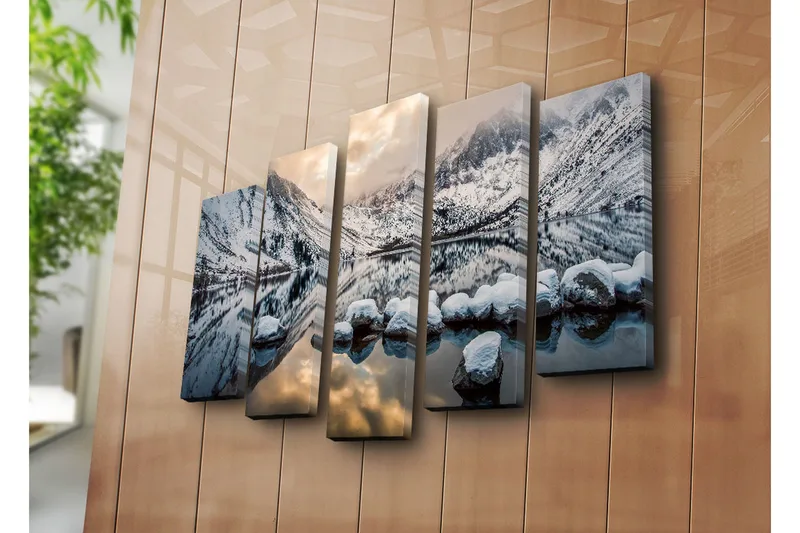 Suuri 5-osainen canvas-taulu, 105x70 cm - Talvimaisema lumipeitteisillä vuorilla ja peilimäisillä järvillä - Valkoinen / Sininen / Harmaa - Sisustustuotteet - Taulu & taide - Canvas-taulu