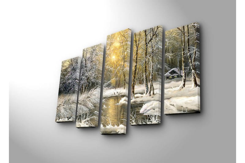 Suuri 5-osainen canvas-taulu, 105x70 cm - Talvimaisema lumipeitteisillä puilla ja peilimäisellä järvellä - Valkoinen / Vaaleanvihreä / Beige - Sisustustuotteet - Taulu & taide - Canvas-taulu