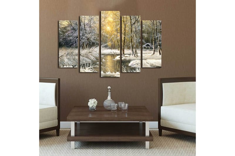 Suuri 5-osainen canvas-taulu, 105x70 cm - Talvimaisema lumipeitteisillä puilla ja peilimäisellä järvellä - Valkoinen / Vaaleanvihreä / Beige - Sisustustuotteet - Taulu & taide - Canvas-taulu
