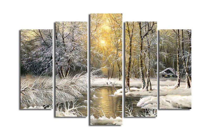 Suuri 5-osainen canvas-taulu, 105x70 cm - Talvimaisema lumipeitteisillä puilla ja peilimäisellä järvellä - Valkoinen / Vaaleanvihreä / Beige - Sisustustuotteet - Taulu & taide - Canvas-taulu