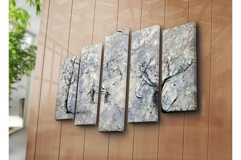 Suuri 5-osainen canvas-taulu, 105x70 cm - Talvimaisema lumipeitteisten puiden kanssa - Valkoinen / Harmaa / Musta - Sisustustuotteet - Taulu & taide - Canvas-taulu