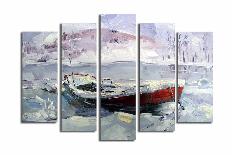 Suuri 5-osainen canvas-taulu, 105x70 cm - Talvimaisema veneellä lumessa ja jäässä, Vaaleansininen / Valkoinen / Punainen