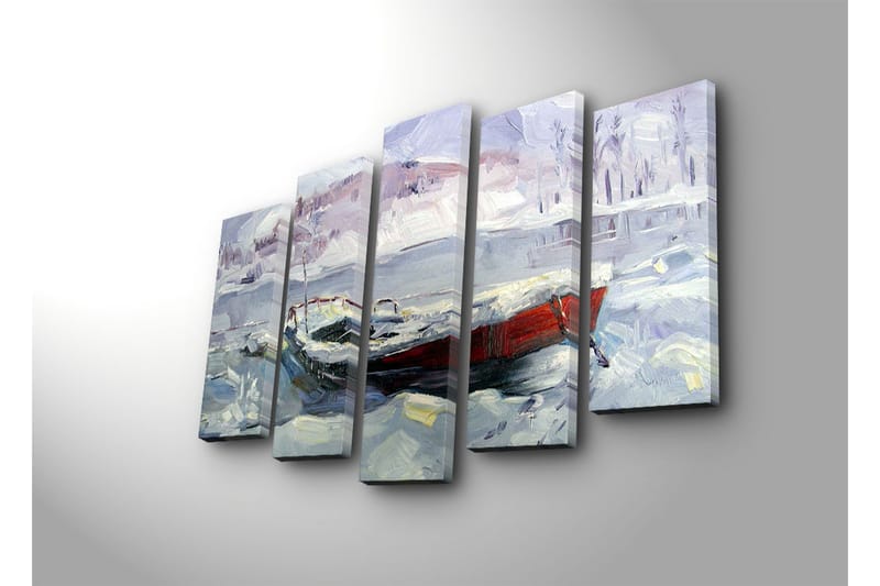 Suuri 5-osainen canvas-taulu, 105x70 cm - Talvimaisema veneellä lumessa ja jäässä - Vaaleansininen / Valkoinen / Punainen - Sisustustuotteet - Taulu & taide - Canvas-taulu