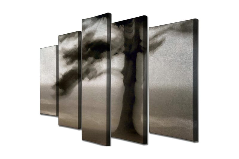 Suuri 5-osainen canvas-taulu, 105x70 cm - Tumma puun siluetti sumuista taustaa vasten, Musta / Harmaa / Valkoinen