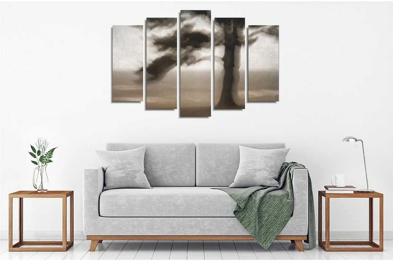 Suuri 5-osainen canvas-taulu, 105x70 cm - Tumma puun siluetti sumuista taustaa vasten - Musta / Harmaa / Valkoinen - Sisustustuotteet - Taulu & taide - Canvas-taulu