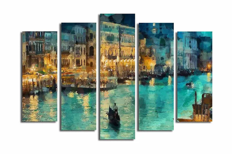 Suuri 5-osainen canvas-taulu, 105x70 cm - Tunnelmallinen näkymä kanavasta gondolihisseineen iltavalaistuksessa, Turkoosi / Kulta / Tummansininen