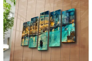 Suuri 5-osainen canvas-taulu, 105x70 cm - Tunnelmallinen näkymä kanavasta gondolihisseineen iltavalaistuksessa - Turkoosi / Kulta / Tummansininen - Sisustustuotteet - Taulu & taide - Canvas-taulu