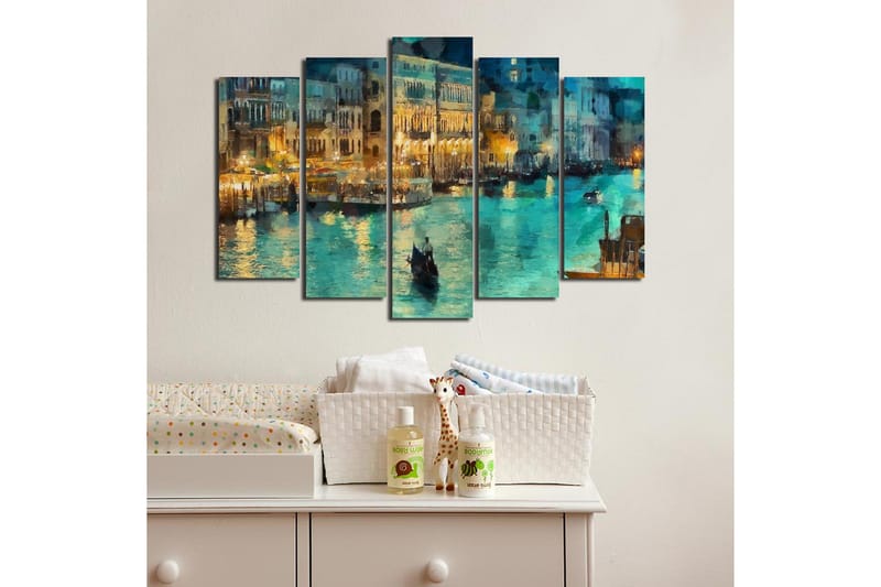 Suuri 5-osainen canvas-taulu, 105x70 cm - Tunnelmallinen näkymä kanavasta gondolihisseineen iltavalaistuksessa - Turkoosi / Kulta / Tummansininen - Sisustustuotteet - Taulu & taide - Canvas-taulu